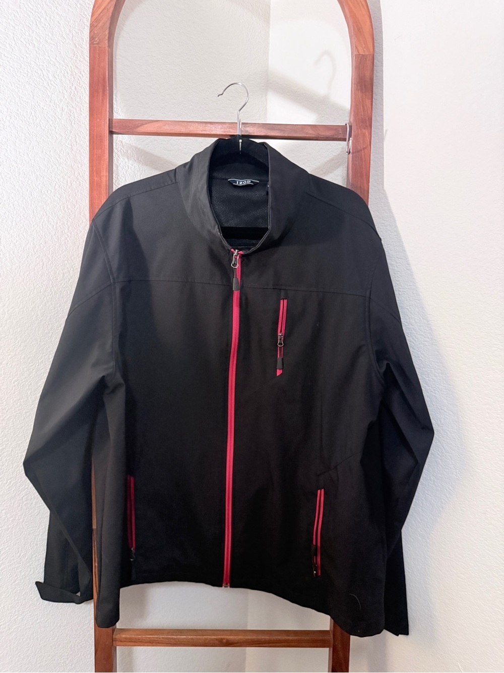 Izod Men’s Black Windbreaker with Red Zipper Trim